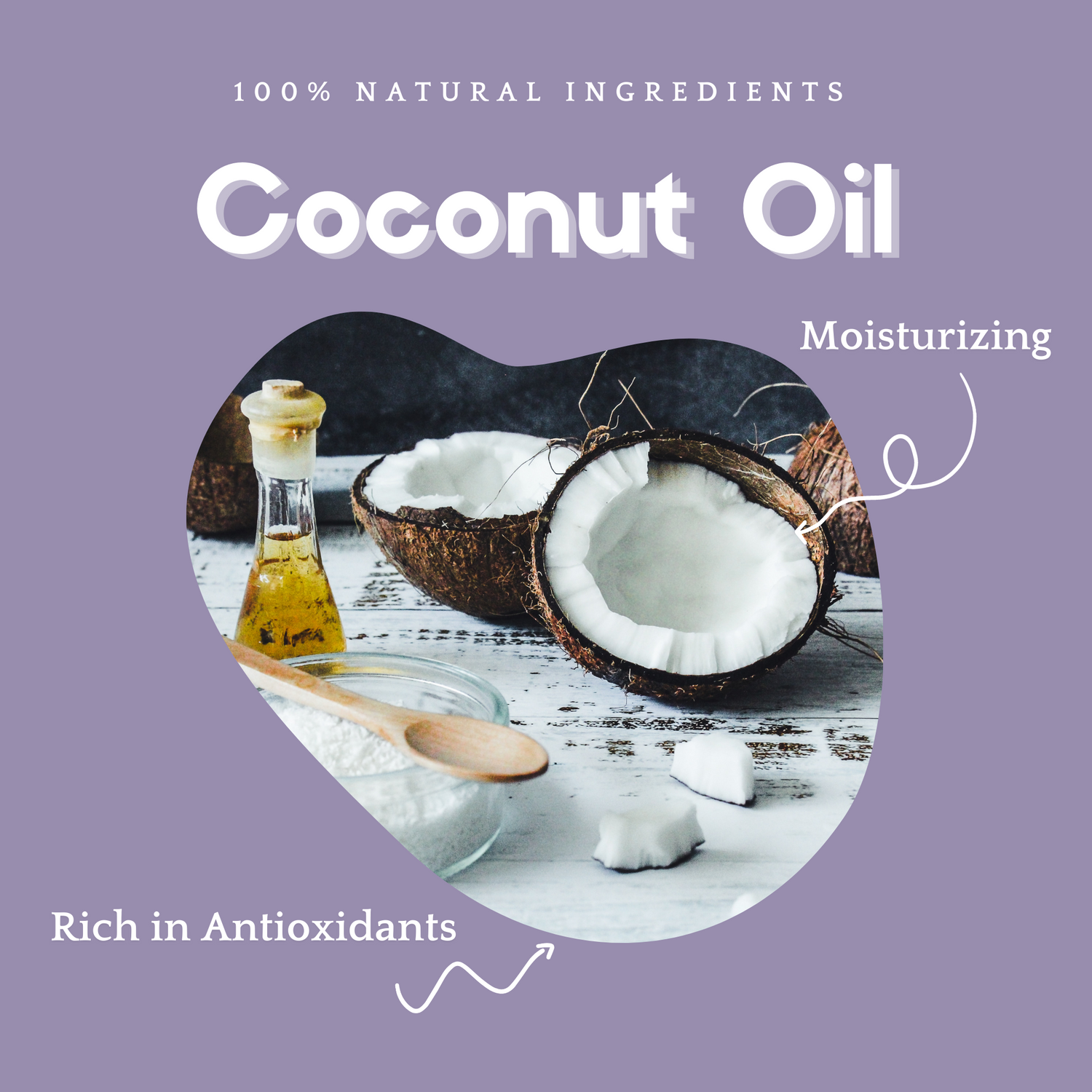 Benefits of coconut oil including moisturizing properties and rich in antioxidants.